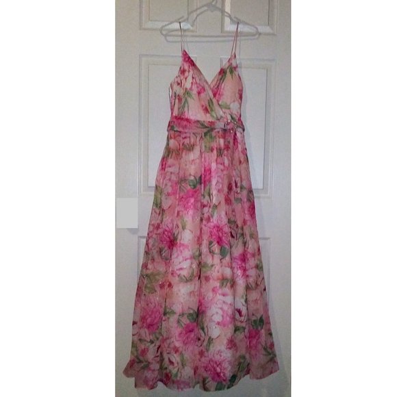 Pink Dress Belted Floral Spaghetti Strap V Neck - Size 3 Maxi - Picture 6 of 7